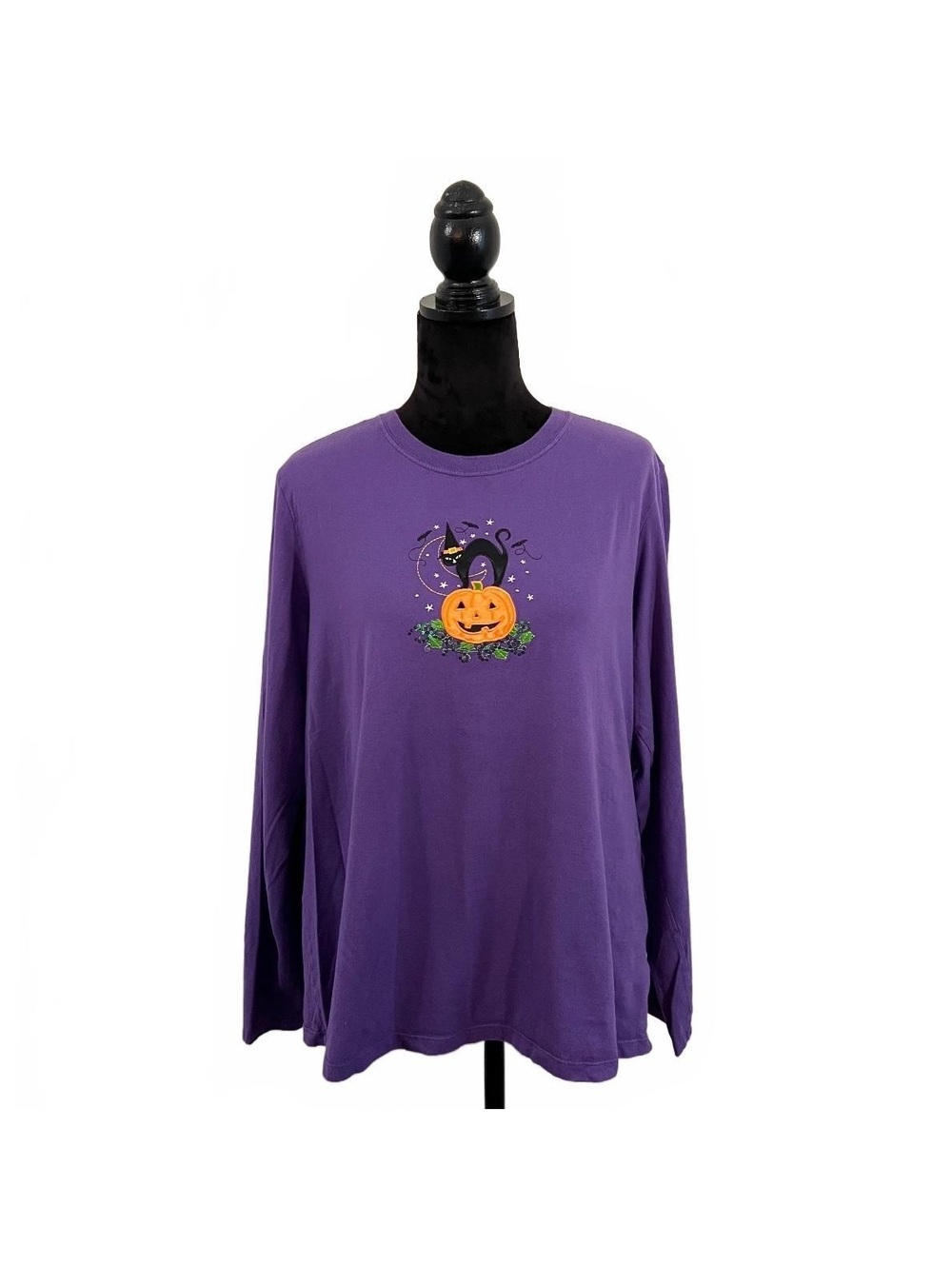 1990’s Halloween Black Cat Pumpkin Embellished Purple Long Sleeve Tshirt